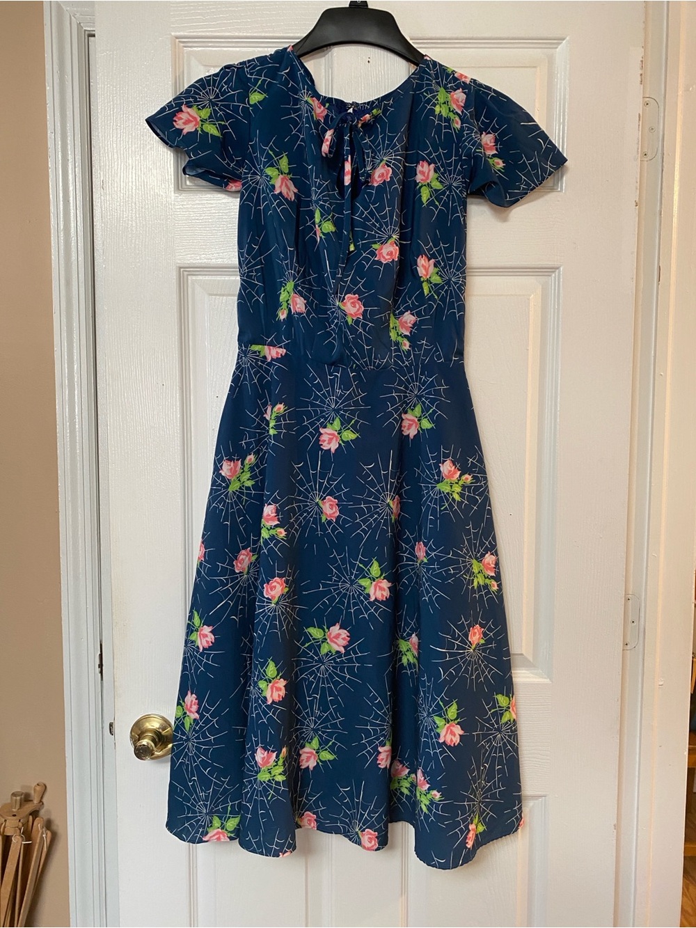 Rare Unique Vintage Spiderweb Roses Navy Blue Flare Dress - Picture 5 of 15